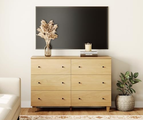 Image of WAMPAT Bedroom Dresser with 6 Drawers, Modern Chest of Drawers with Black Knobs, Wide Oak Wood Finish Storage Organizer for Kids Room, Living Room, Nursery, 47.2x15.5x32.4