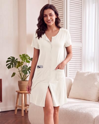 Image of ZOOSIXX Nightgowns for Women - Short Sleeve Sleepwear Button Up Pajamas for Women V-Neck Sleepwear Dress with Pockets