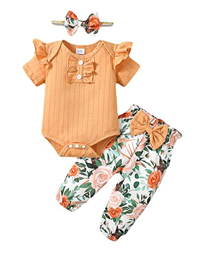 Image of Mioglrie Newborn Baby Girl Clothes Outfits Rompers Pants Set Floral Baby Girls' Clothing Cotton Baby Clothes for Girls Gifts Orange Baby Girl Outfits 3-6 Months