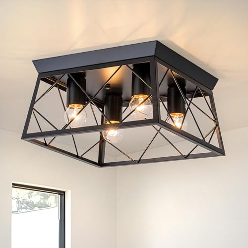 Plafonnier industriel E27 cage en métal carré 4 lumières FTL Noir