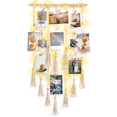 Mkono Boho Gift Macrame Hanging Photo Display with String Lights Boho Wall Decor Pictures Christmas Cards Holder with 30 Clips for Bedroom, Living Room, Dorm, Nursery Decor, Gift Idea
