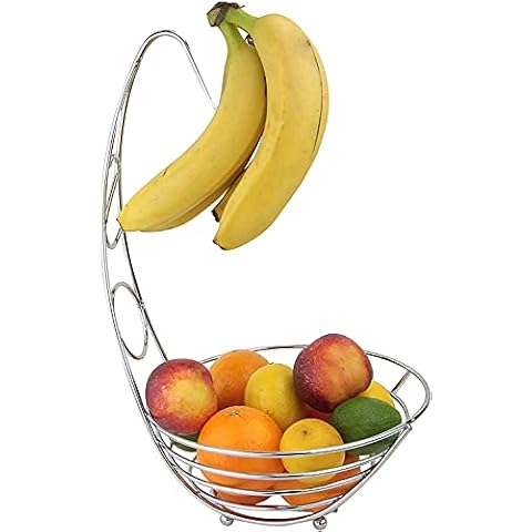 Cookspace ® Chrome Stylish Fruit Bowl Basket with Banana Hanger Hook Cover