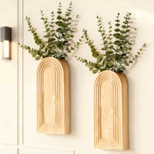 2 Pack Wooden Wall Vase Set Boho Hanging Planter for Indoor Plants & Flowers Wood Wall-Mounted Planters for Living Room Modern Farmhouse Entryway or Bathroom Rustic Art for Home (Brown)