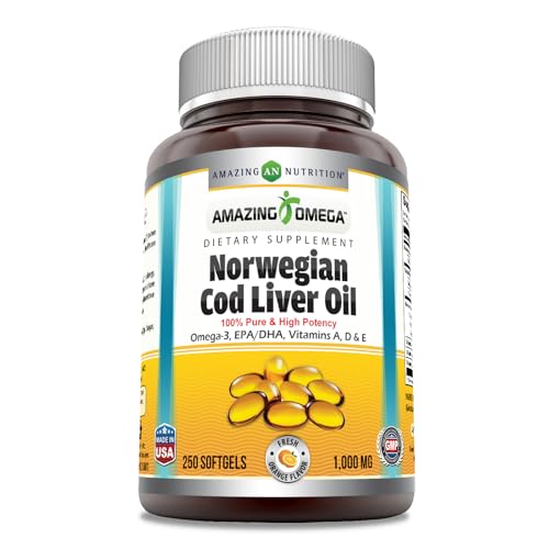 Amazing Omega Norwegian Cod Liver Oil 1000 Mg Softgels Supplement | Omega-3, EPA, DHA, Vitamin A, D & Vitamin E (Orange | 250 Count) Amazing Omega Norwegian Cod Liver Oil 1000 Mg Softgels Supplement | Omega-3, EPA, DHA, Vitamin A, D & Vitamin E (Orange | 250 Count)