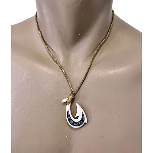 Hand Carved TATTOO Fish Hook White Buffalo Bone Hawaiian Necklace2