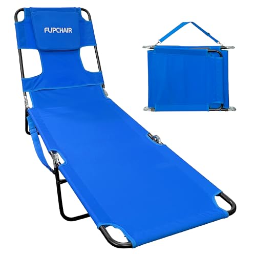 Face Down Tanning Chaise Lounge Chair - Face & Arm Holes - 2 Legs Support - Polyester Material – Backrest Positions - Head Rest Pillow - Beach or Home Use – Read and Tan - Blue Stripes Pattern