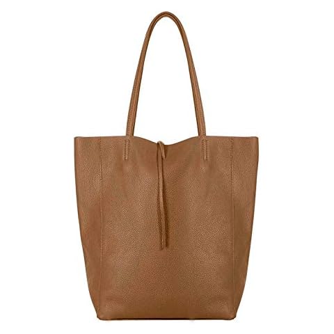 Women Soft Slouch Genuine Italian Leather Roomy Tie Closure Shopper Style Tote Handbag Large Handle Shoulder Bag (Brown) Cover