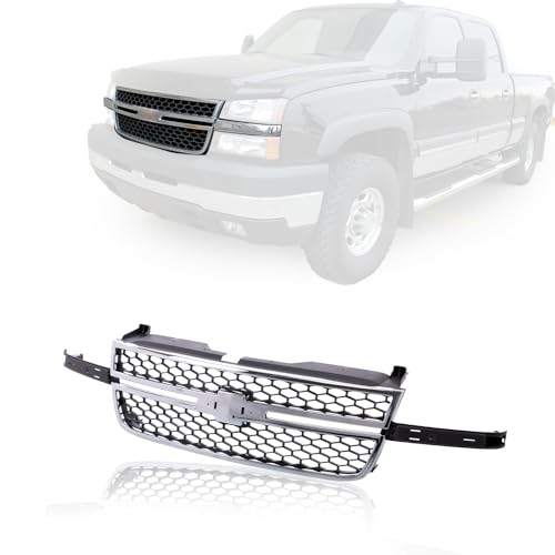 JustDrivably Front Grille Grill Chrome Frame Black Honeycomb Insert Compatible With Silverado 2003-2006 1500 HD / 2500 HD / 3500 &2007 1500 HD/2500 HD/ 3500 Classic GM1200546 (W/O Molding Trim)