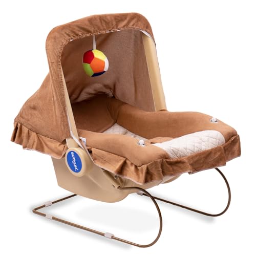Image of BUMTUM Baby Carry Cot & Rocking Chair with Adjustable Handle| 3-Point Safety Lap Belt | Double Cushioned Washable Seats & Large Canopy for Babies (Brown)