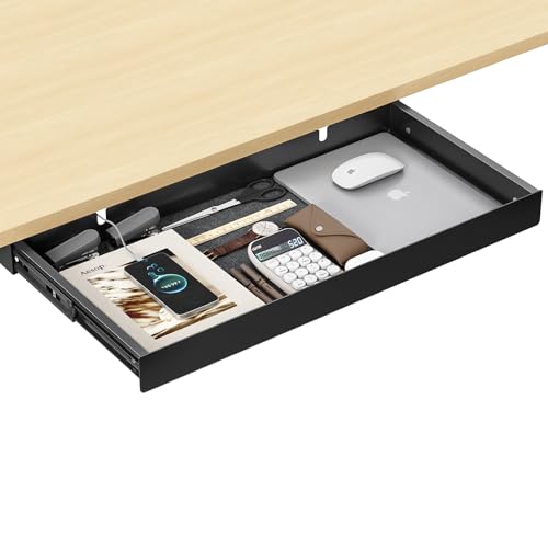 Image of Under Desk Drawer,20.1 inch Carbon Steel Slide-Out Under Table Storage Organizer With Full Extension Ball-Bearing Slides,Undermount Drawer For Standing Desk & Home Office,Black