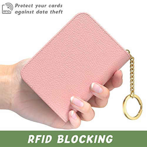 Image of Aiawoxc Credit Card Holder for Women, Small RFID Wallet Slim Leather Business Card Organizer Case with Zipper and Keychain, Pink