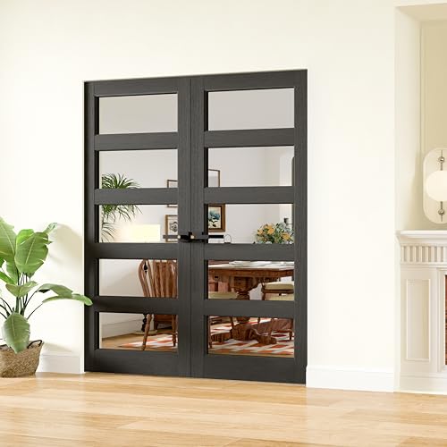 SOLRIG 60' x 80' French Doors, 5-Lite Clear Glass Pantry Door with Black Door Levers, Double...