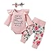 Kleinkind Baby Mädchen Outfits & Set Strampler Langarm Buchstaben Stickerei Blumen Hosen Stirnband Baumwolle Rosa Spitze Khaki bedruckte Hose Kopfschmuck Set 3-teilig (0-24 Monate), rose, 0-6 Monate