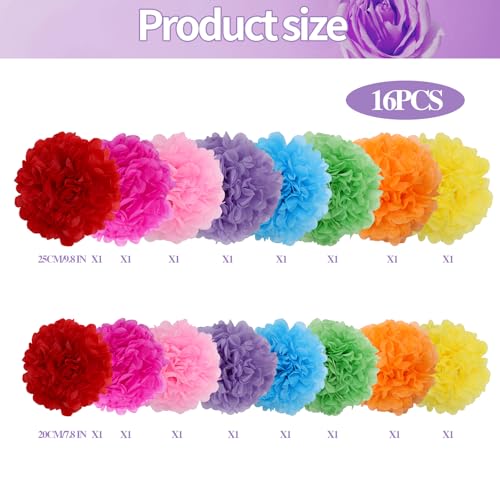Image of BestoFun 16PCS Mexico Party Decorations Tissue Paper Flowers Pom Poms - Vibrant Multicolor Decorations for Fiesta, Cinco de Mayo, Birthday, and Mexican Themed Parties
