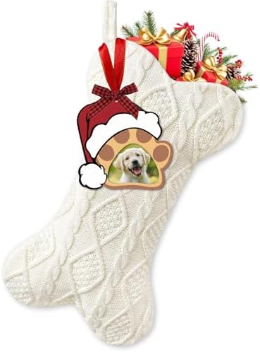 Dog Christmas Stocking with Wooden Pawprint Photo Ornament - Large Pet Hanging Bone Shape Knit White Christmas Stockings for Dogs Puppys