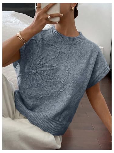 Image of SOLY HUX Women's Short Sleeve Sweater 3D Floral Sweaters Pullover Tank Tops Knit Vest Trendy Fashion Clothing