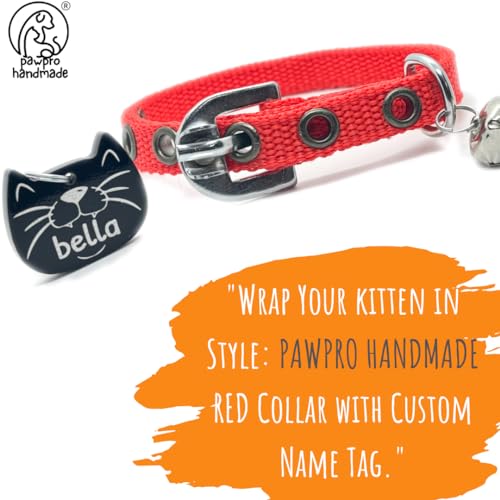 Image of PAWPRO HANDMADE Cat Collar With Name Tag & Bell, Adjustable Buckle, Soft Neck Naylon Strap, Customisable Name & Kitten Icon Id Tag, Comfortable For Small To Big Cats (Red),Nylon,20X10 Cm