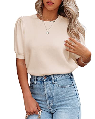 Image of Womens Puff Short Sleeve Sweater Tops Crewneck Basic Knit Pullover Lightweight Casual Sweaters