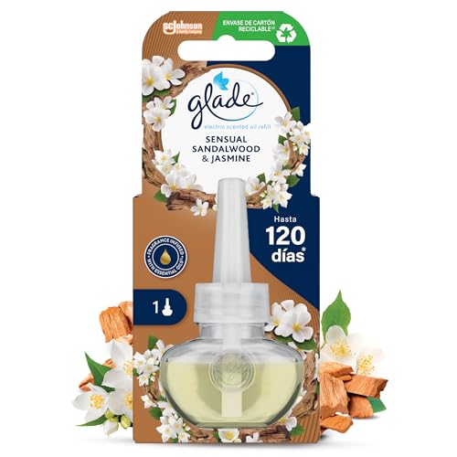 Glade Ambientador Eléctrico Líquido Regulable Sensual Sandalwood & Jasmine, Dura Hasta 120 Días, con Aceites Esenciales, 1 Recambio