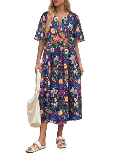 Image of Wenrine Womens Casual Maxi Dress Short Sleeve Loose Flowy Summer Dresses | flutter sleeve, v neck, loose fit, slit, long summer dress, beach, vacation