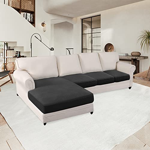 Cherrypark High Stretch 4 Piece Sectional Cushion Cover Chaise Lounge Protector L Shape Sofa Slipcover With Elastic Bottom For Kids, Pets, Dogs (3 Seater+Chaise,Black) #TOP1