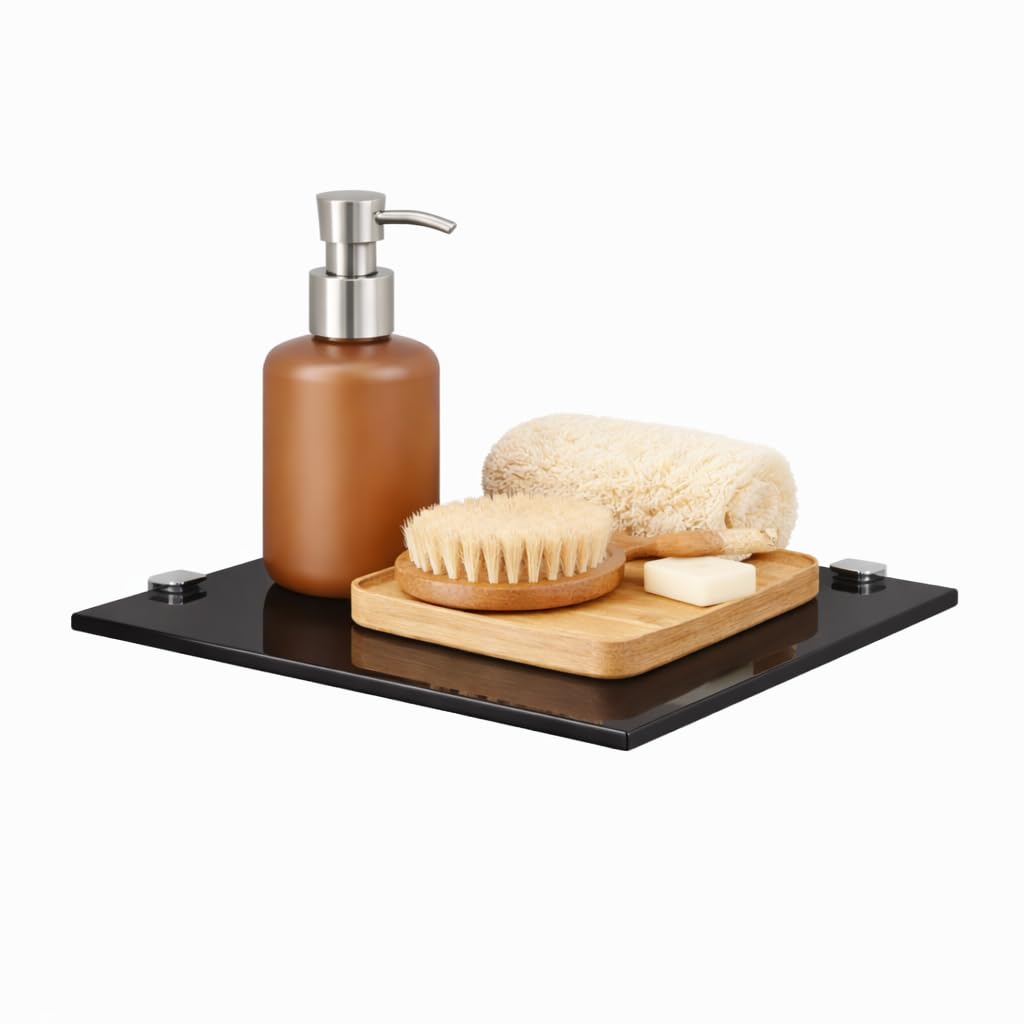 Étagère d'angle en verre de sécurité noir 6mm pour salle de bain