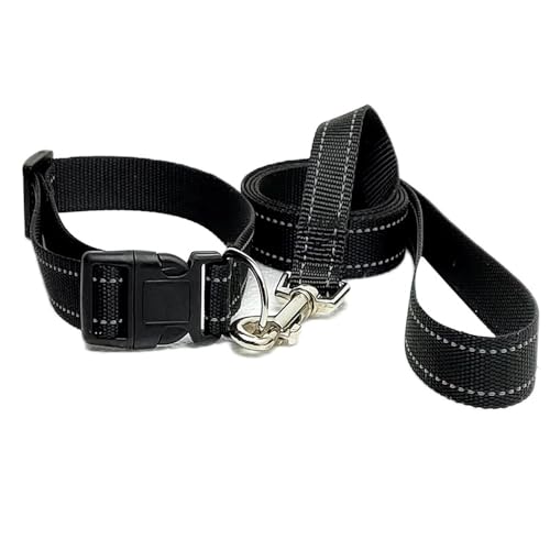 Plain Black Colour Dog Collar And Lead Matching Set Combo Pet Puppy Animal Adjustable Comfortable Accessory Medium 30cm - 45cm