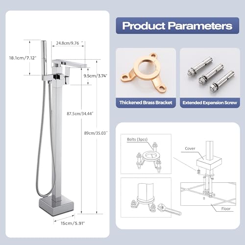 Free Standing Tub Faucet, Floor Mount Bathroom Tub Filler, Grifería de piscina con soporte de piso, monomando, con rociador de mano, acabado cromo miniatura 3