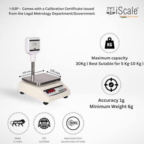 Image of iScale i-03P Commercial Weighing Scale 30kg x 1g | Rechargeable with Front & Pole Double Display | Small Size 7x9 Inch Pan | Ideal for 5-10kg Weighing in Shops | With Calibration Certificate