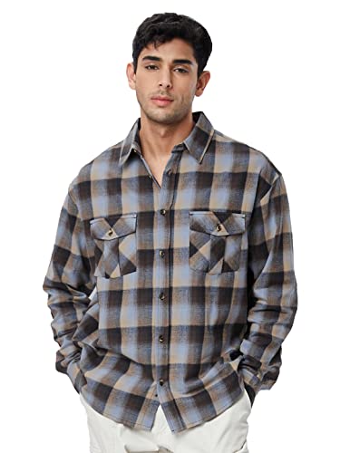 Image of The Souled Store| Checks: Brown & Beige Mens and Boys Shirts|Full Sleeve|Loose fit Checks|100% Cotton Multicolored Men Utility Shirts Shirt For Men Casual Half Sleeves Regular Fit Printed Stylish Late