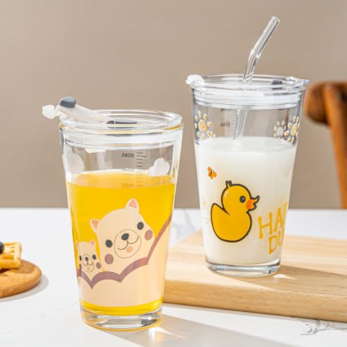 Image of Glass Coffe Mug with Lid and Straw, Glass Reusable Sipper Bottle with Leather Sleeve Glasss Coffee Mug with Silicone Straw and Leakproof Lid Tumbler for Coffee (Cartoon Mug)