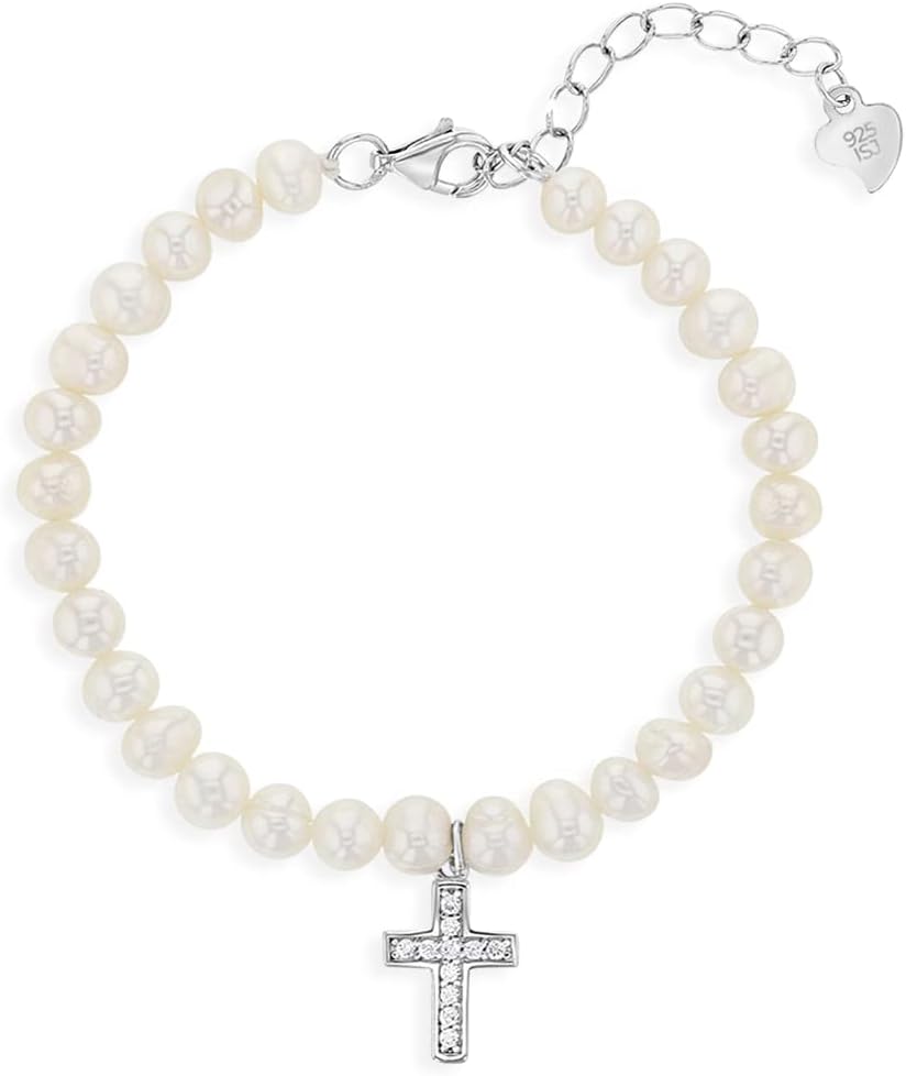 In Season Jewelry 925 Sterling Silver Adjustable White Cultured Pearl & Cross Bracelet for Toddlers and Little Girls - Classic Cultured Pearl Bracelets for Young Girls - Kids Cross Bracelet