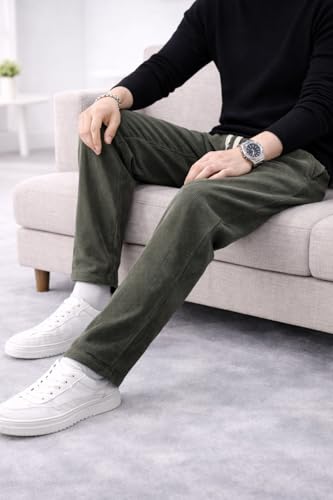 Image of Men's Comfortable Corduroy Pants | Relaxed Fit Stretch Waist Trousers for Everyday Wear Cream
