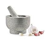 NutriChef Mortero y Maja de 15,2 cm - Granito sin pulir 100% natural - Cuenco de piedra mocajete antideslizante - Para preparar guacamole fresco, salsa, hierbas y especias - Capacidad de 2
