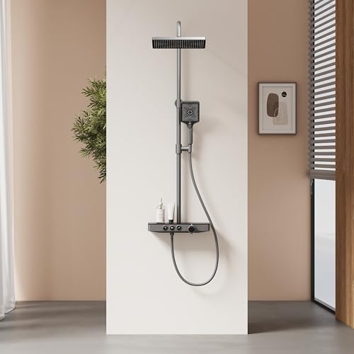 EMKE Colonne de douche thermostatique, 1127 x 460 x 360 mm, douche de pluie, douche à main 3 fonctions, hauteur réglable 797-1127 mm, anthracite mat, corps en cuivre et panneau de verre, design
