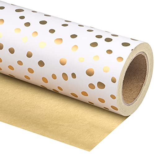 WRAPAHOLIC Reversible Wrapping Paper - Mini Roll - 17 Inch X 33 Feet - Gold Print and Delicate Polka...