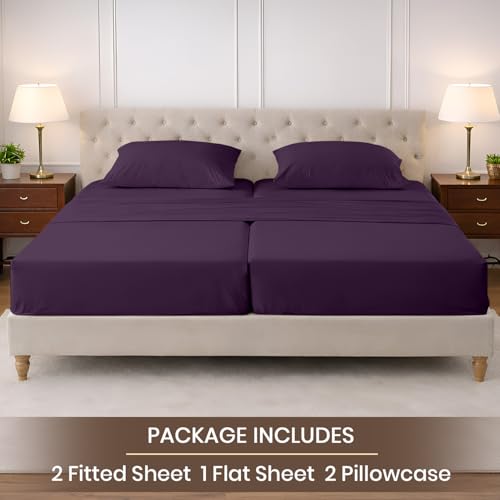 Image of SGI Split King Sheet Set for Adjustable Bed Egyptian Premium Cotton 600 Thread Count Sheets for Sleep Number Bed 15 inch Deep Pocket 5 Pc Set with 2 Twin XL Fitted Sheets Soft Breathable -Plum