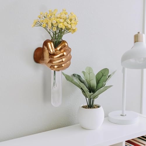 Gold Wall-Mounted Hand Sculpture with Vase, Unique Wall Statue, Home Decor