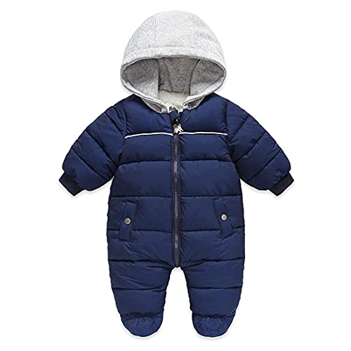 DINGDONG'S CLOSET Baby Boys Girls Winter Snowsuit Zipper Coat Romper Puffer Outwear Hooded Footie Padded Jacket(Navy, 9-12M)