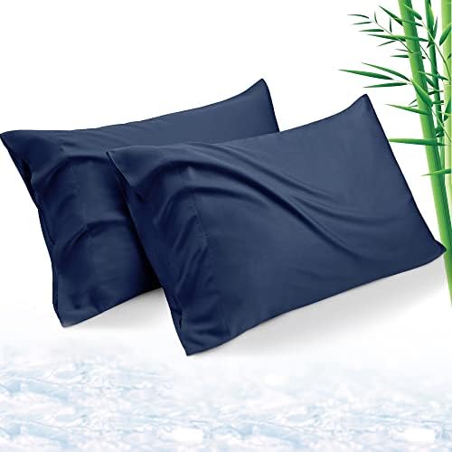 VENTEOS Viscose from Bamboo Pillowcase Queen 2 Pack - Silk Cooling Pillowcase Set of 2, Satin Pillowcases for Hair and Skin, Soft & Breathable Pillow Cases with Envelope Closure,Navy Blue,20x30 inches