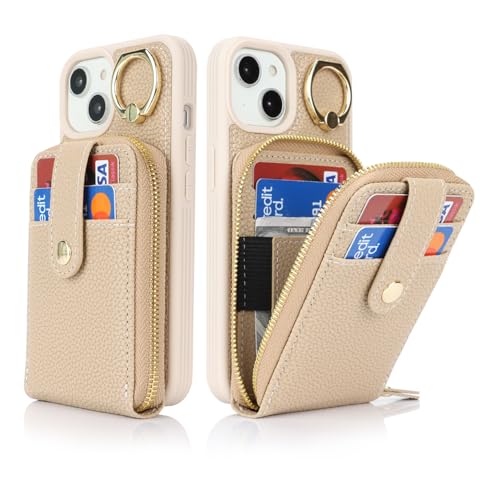 Étui portefeuille iPhone 15 beige en cuir, parfait pour les sorties citadines avec porte-cartes