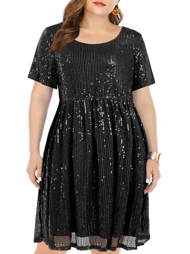 Wenrine H9H236HS2L Women'S Sequin Plus Size Mini Dress Short Sleeve Scoop Neck Pleated A Line Cocktail Party Dresses Black thumb #2