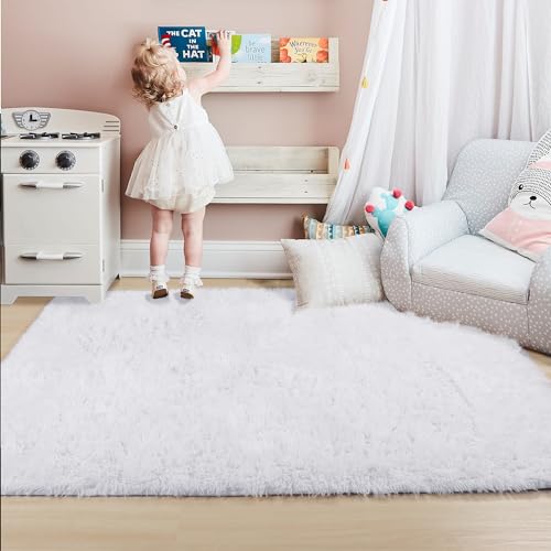 Amdrebio White Area Rugs for Bedroom, Shag Fluffy Rug for Living Room, Modern Furry Shaggy Throw Rug for Kids Room, Teen Girls, Dorm, Baby Nursery, Cute Fuzzy Fur White Carpet, 4x6 Rug, Home Decor