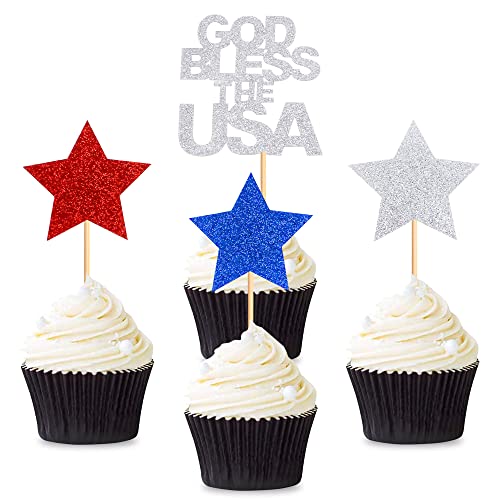 Cyodoos Pack Of 24 God Bless The Usa With Stars Cupcake Toppers Independence Day Cupcake Toppers 4Th Of July Patriotic Cupcake Picks Toothpicks Decorations For Independence Day Party Supplies #TOP30