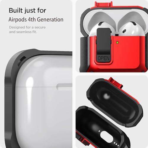 Image of Olytop for Airpods 4 Case with Lock Clid, Rugged Apple Airpods 4th Generation Cover 2024 Men Women, Armor Shockproof iPod 4 Gen Protective Hard Shell with Carabiner&Cleaner kit, Black /Red