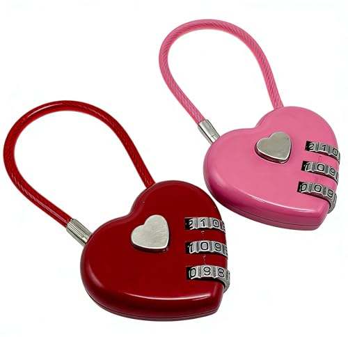Image of 2 Pcs Locker Padlocks 3 Digit Combination Locker Locks Heart Shape Cable Padlock Red Pink for Gym Locker Luggage Backpack Travel Accessories