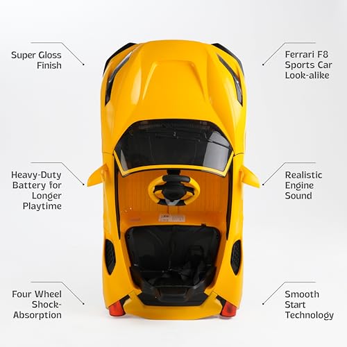 Image of Toy House Sports Car Battery Operated Ride-On Car for Kids | Rechargeable Electric Toy Vehicle with Easy Controls & Comfortable Seat | Indoor & Outdoor Ride On Yellow