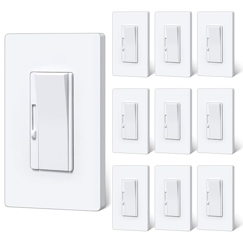 Image of BESTTEN 10 Bulk Slim Dimmer Light Switch, Max 300W LED, CFL, 600W Halogen | ETL Listed, Single Pole or 3 Way Dimmable Switch, Quiet Rocker, Screwless Wallplate Included, White