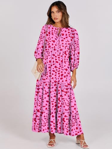 Image of ANRABESS Womens Boho Floral 3 /4 Puff Sleeve Maxi Dress | Tiered Flowy Loose Fit, Comfy Soft Rayon Fabric, Wedding Guest Church Beach, Modest Elegant, Spring Summer Fall Outfits