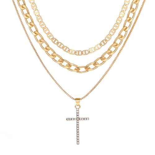 1 juego de 3 piezas de collar de acero inoxidable para mujer, gargantilla ajustable apilable, collar con colgante de cruz para mujer, collar de cadena dorada